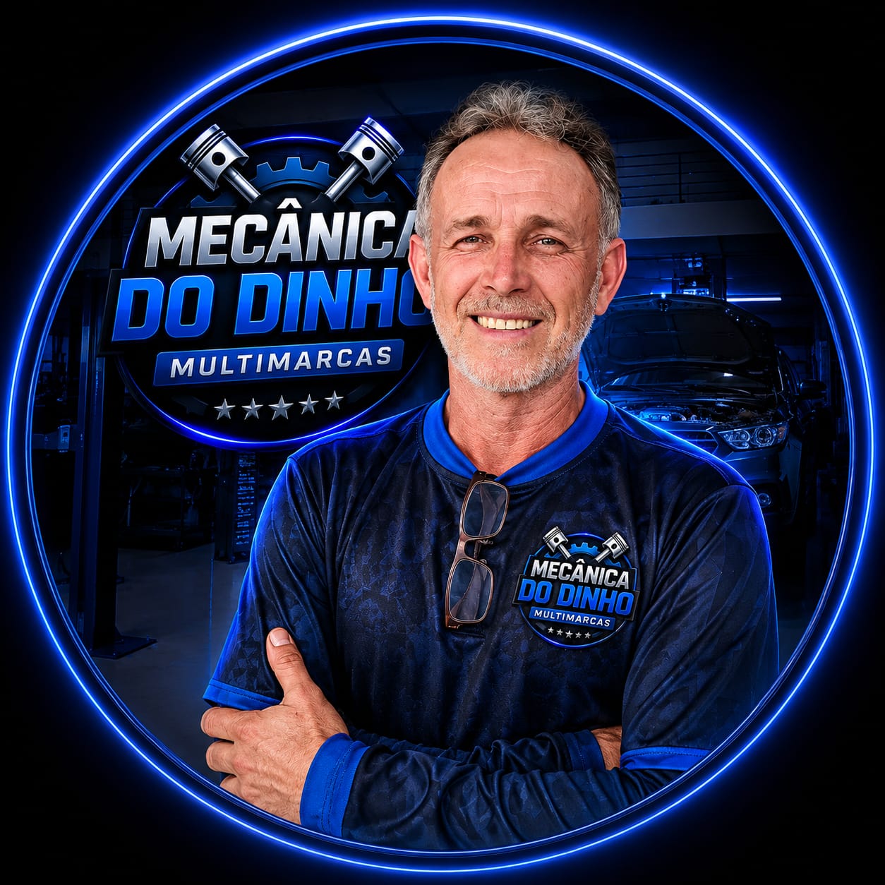 Dinho na oficina, vestindo a camisa da Mecânica do Dinho